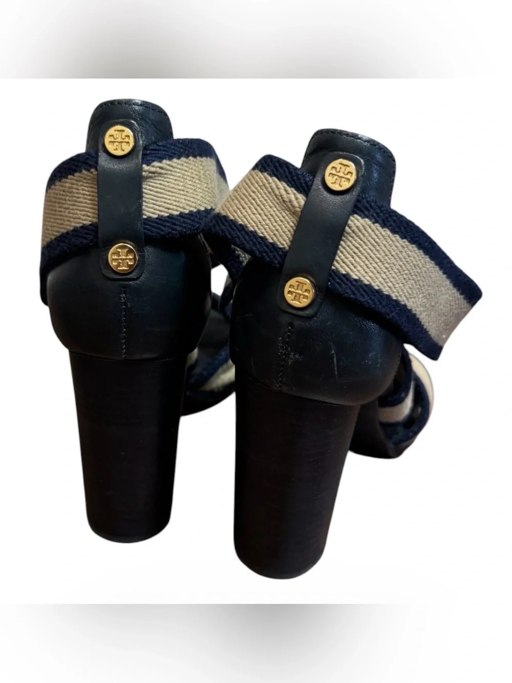 Tory Burch Laurie Criss Cross Block Heel Sandals Navy Size 6 Orig $340